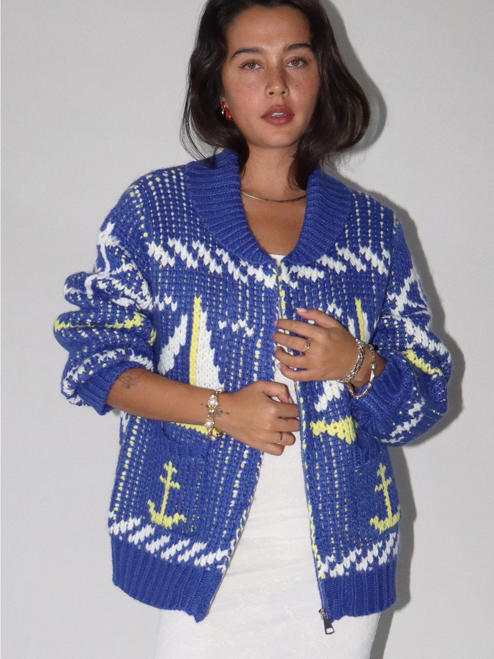 Bailey Rose Vintagr Nautical Cable Knit Zip Cardigan Royal Blue